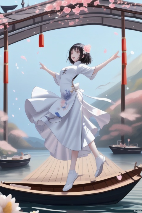 1girl,black-hair,white dress,chinese_clothes,on a wood boat,flowers dancing in air