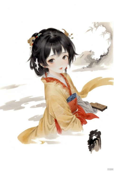  1male,black-hair,long_hair,chinese_clothes,moonlight, traditional chinese ink painting