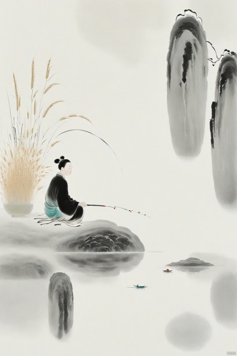 Chinese ink painting, simple drawing, Wu Guanzhong, simple lines, minimalism, 1boy_is_fishing_in_hanfu_with_hair_ornament, Golden wheat ears, pure white background, large area of blank space, ethereal Zen, high definition