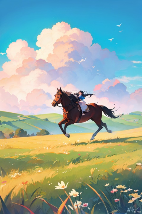 1girl_ride_a_horse_running_on_grassland_in_white_dress,,summer_day,cloud_in_blue_sky,long_black_hair,xinjiang
