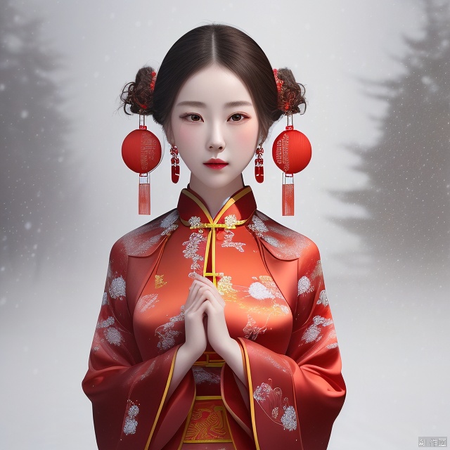 1girl,chinese_clothes,red dress,red necklace,red earrings,facing_another,snowing,