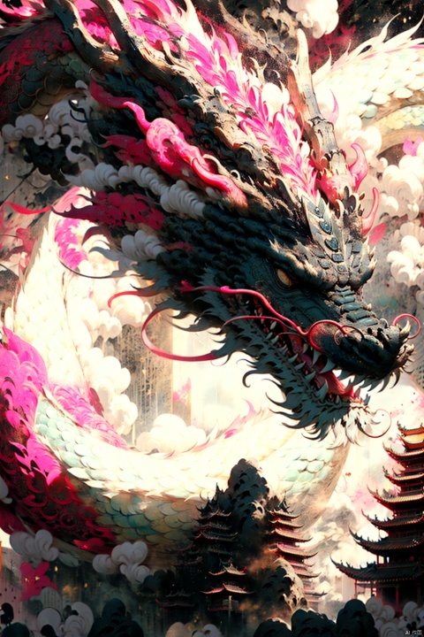 Chinese dragon, Chinese mythology style, architectural transformation, pale waves, majestic monumentality, chinoiserie, fragmentary realism, dragon head, dragon horns, dragon claws, close-up dragon front, eastern_dragon, dofas, long