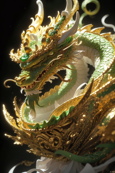 Gold and green, a Chinese dragon, jade of China, in deep white and gold and light green styles, layered fiber, organic carving, focus stack, (\shi shi ru yi\)
