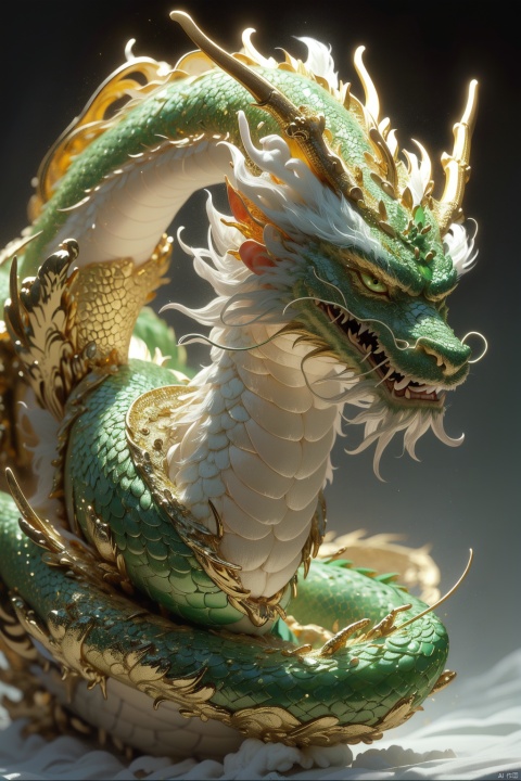 Gold and green, a Chinese dragon, jade of China, in deep white and gold and light green styles, layered fiber, organic carving, focus stack, (\shi shi ru yi\), Chinese dragon