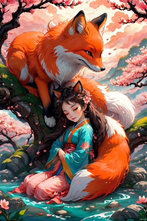  Fox, Chinese Classic of Mountains and Seas, Chinese mythology, Chinese style, a girl with flowing hair, nestled in the arms of the fox, peach blossom forest, colorful clouds in the sky, girl and fox lying under the peach tree, girl nestled in the arms of thefox, (\shuang hua\), hxzh, Anime style