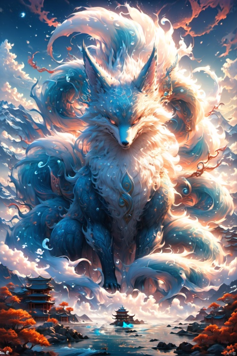 Fairy beast from Chinese mythology,Chinese classical pattern,magical atmosphere,monster,imagination Chinese Classic of Mountains and Seas,nine-tailed fox,fox,sky background with buildings on the back,Chinese mythical beast,surreal,HD,high quality,turre, BJ_Sacred_beast