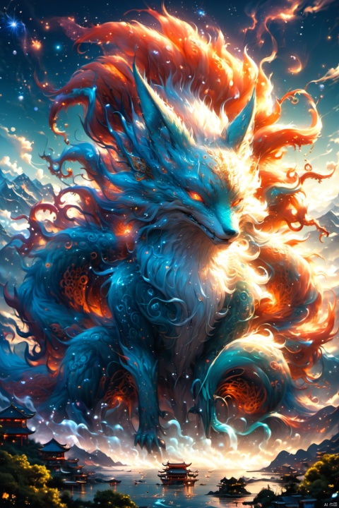 Fairy beast from Chinese mythology,Chinese classical pattern,magical atmosphere,monster,imagination Chinese Classic of Mountains and Seas,nine-tailed fox,fox,sky background with buildings on the back,Chinese mythical beast,surreal,HD,high quality,turre, BJ_Sacred_beast, particles