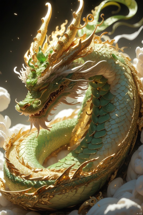 Gold and green, a Chinese dragon, jade of China, in deep white and gold and light green styles, layered fiber, organic carving, focus stack, (\shi shi ru yi\), Chinese dragon, 1Man