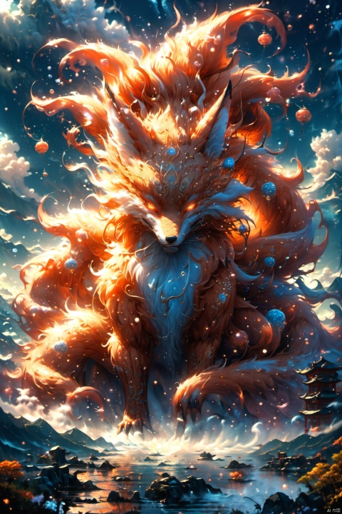 Fairy beast from Chinese mythology,Chinese classical pattern,magical atmosphere,monster,imagination Chinese Classic of Mountains and Seas,nine-tailed fox,fox,sky background with buildings on the back,Chinese mythical beast,surreal,HD,high quality,turre, BJ_Sacred_beast, particles