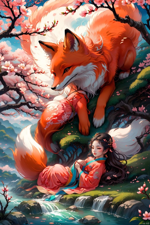 Fox, Chinese Classic of Mountains and Seas, Chinese mythology, Chinese style, a girl with flowing hair, nestled in the arms of the fox, peach blossom forest, colorful clouds in the sky, girl and fox lying under the peach tree, girl nestled in the arms of the fox,流光, (\shuang hua\), hxzh, Anime style