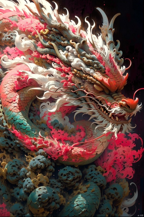 Chinese dragon, Chinese mythology style, architectural transformation, pale waves, majestic monumentality, chinoiserie, fragmentary realism, dragon head, dragon horns, dragon claws, close-up dragon front, eastern_dragon, dofas, long