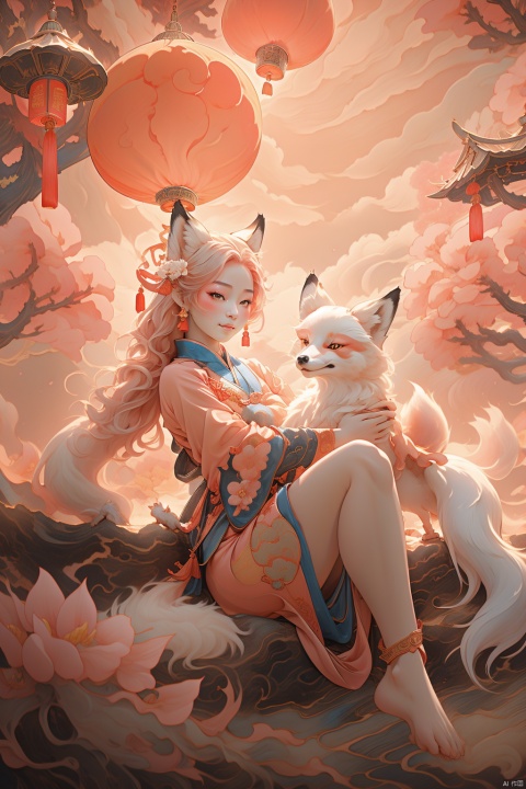 Fox, Chinese Classic of Mountains and Seas, Chinese mythology, Chinese style, a girl with flowing hair, nestled in the arms of the fox, peach blossom forest, colorful clouds in the sky, girl and fox lying under the peach tree, girl nestled in the arms of the fox,流光, (\shuang hua\), hxzh
