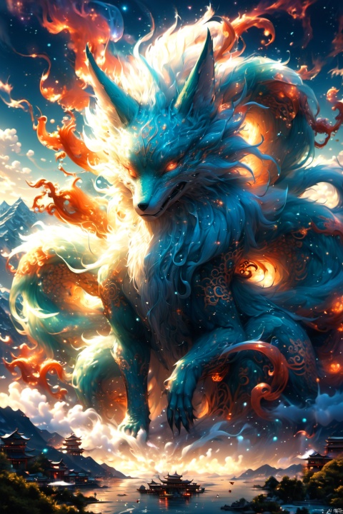 Fairy beast from Chinese mythology,Chinese classical pattern,magical atmosphere,monster,imagination Chinese Classic of Mountains and Seas,nine-tailed fox,fox,sky background with buildings on the back,Chinese mythical beast,surreal,HD,high quality,turre, BJ_Sacred_beast, particles