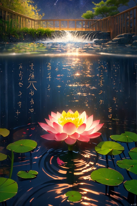 Lotus, water, running water, starlight embellishes the picture, lotus causes water waves, depth of field,8K, dream like