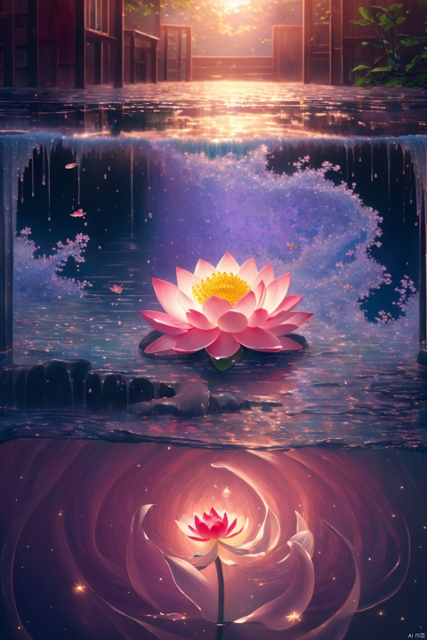 Lotus, water, running water, starlight embellishes the picture, lotus causes water waves, depth of field,8K, dream like
