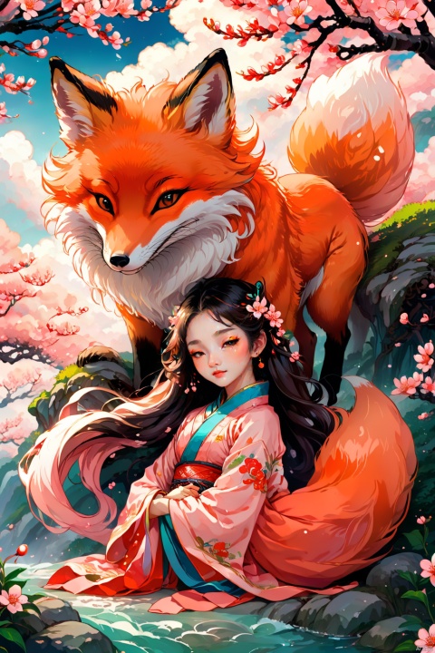  Fox, Chinese Classic of Mountains and Seas, Chinese mythology, Chinese style, a girl with flowing hair, nestled in the arms of the fox, peach blossom forest, colorful clouds in the sky, girl and fox lying under the peach tree, girl nestled in the arms of thefox,流光, (\shuang hua\), hxzh, Anime style
