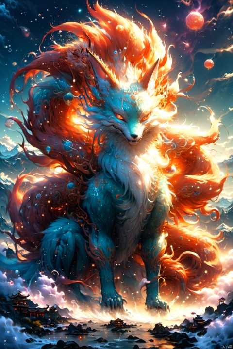 Fairy beast from Chinese mythology,Chinese classical pattern,magical atmosphere,monster,imagination Chinese Classic of Mountains and Seas,nine-tailed fox,fox,sky background with buildings on the back,Chinese mythical beast,surreal,HD,high quality,turre, BJ_Sacred_beast, particles