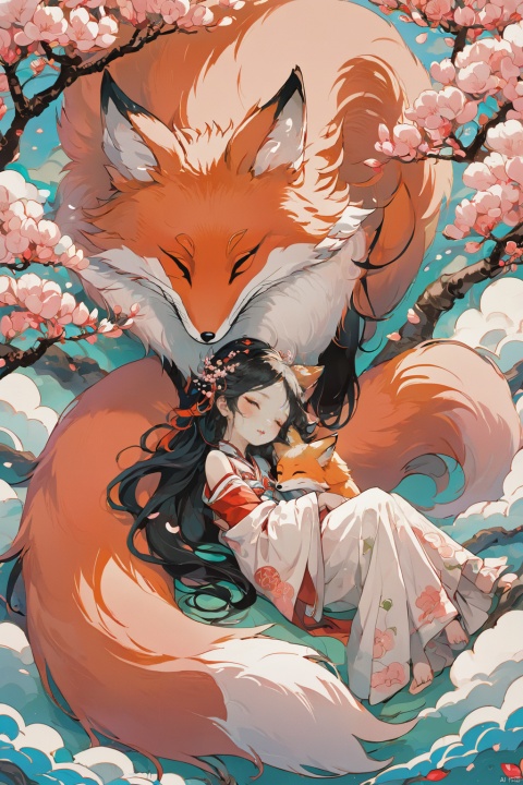  Fox, Chinese Classic of Mountains and Seas, Chinese mythology, Chinese style, a girl with flowing hair, nestled in the arms of the fox, peach blossom forest, colorful clouds in the sky, girl and fox lying under the peach tree, girl nestled in the arms of thefox, (\shuang hua\), hxzh, Anime style