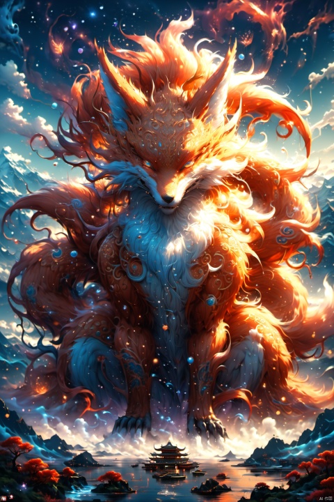 Fairy beast from Chinese mythology,Chinese classical pattern,magical atmosphere,monster,imagination Chinese Classic of Mountains and Seas,nine-tailed fox,fox,sky background with buildings on the back,Chinese mythical beast,surreal,HD,high quality,turre, BJ_Sacred_beast, particles