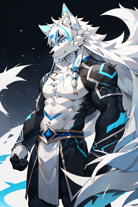  1man,Correct body structure,Correct finger structure,Correct pupil structure,single person, white fur, wolf, white hair, long hair,blue pupils, nj5furry
裸体，贞操锁，雄性，性奴隶