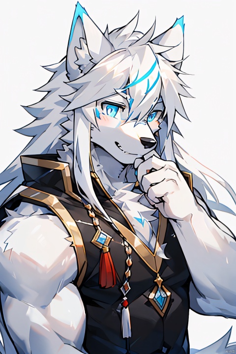 1man,Correct body structure,Correct finger structure,Correct pupil structure,single person, white fur, wolf, white hair, long hair,blue pupils,nj5furry
**，贞操锁，雄性，性奴隶