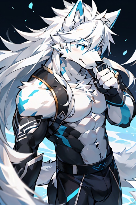  1man,Correct body structure,Correct finger structure,Correct pupil structure,single person, white fur, wolf, white hair, long hair,blue pupils,nj5furry
**，贞操锁，雄性，性奴隶