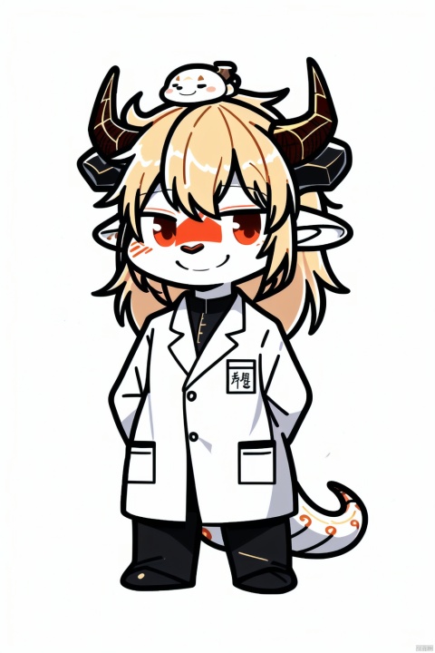 A man, dressed in a white lab coat, with a dragon on his head, front view, Half-length photo view, smile, red scales, golden mane and horns, blank background, Chinese illustration style, cartoon, (\a suo\), niji3, furry, CUXIAN, Extremely simple lines,chibi