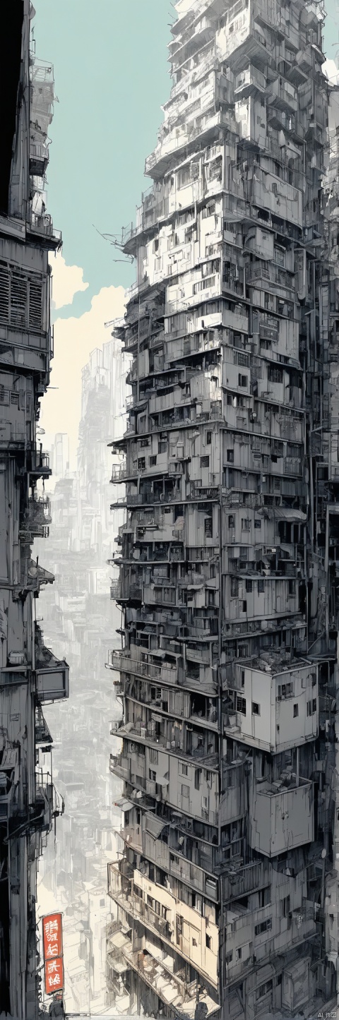  daytime, Kowloon Walled City, outdoors, building, cityscape, Hong Kong neon lights, Having a close and distant view, Dense Apartments, bustling street scene, Original, ananmo, black and white, greyscale, sketch, minimalism, pencil drawing, clear lines, A minimalist design,Fantasy, (elaborate style), fantasy art, high detail, masterpiece, high detail, super detail, depth of field, masterpiece, best quality, keai, wmchahua