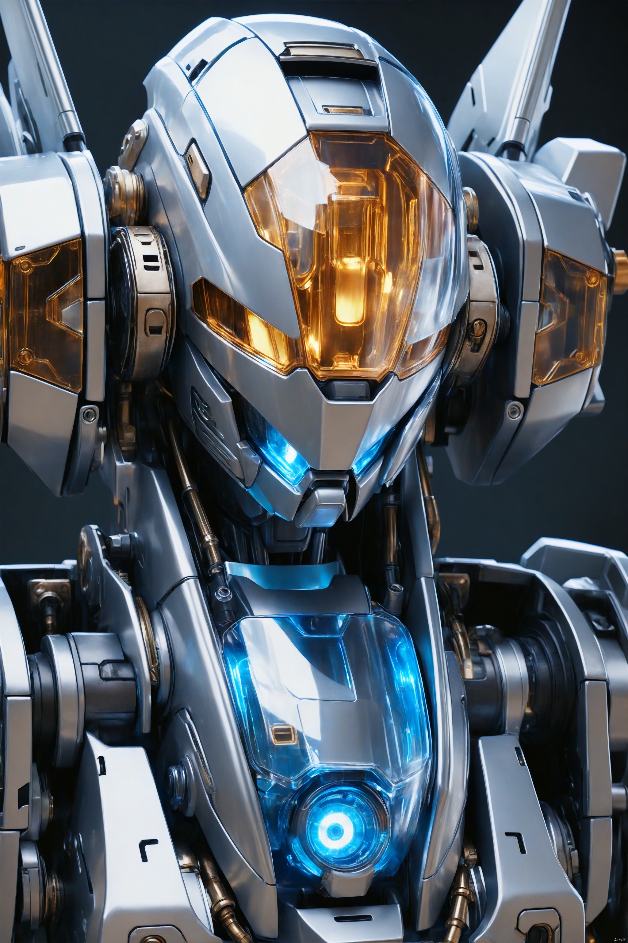 silver mecha, Close-Up, intricate detail, mecha_girl, Seeing face through translucent shield