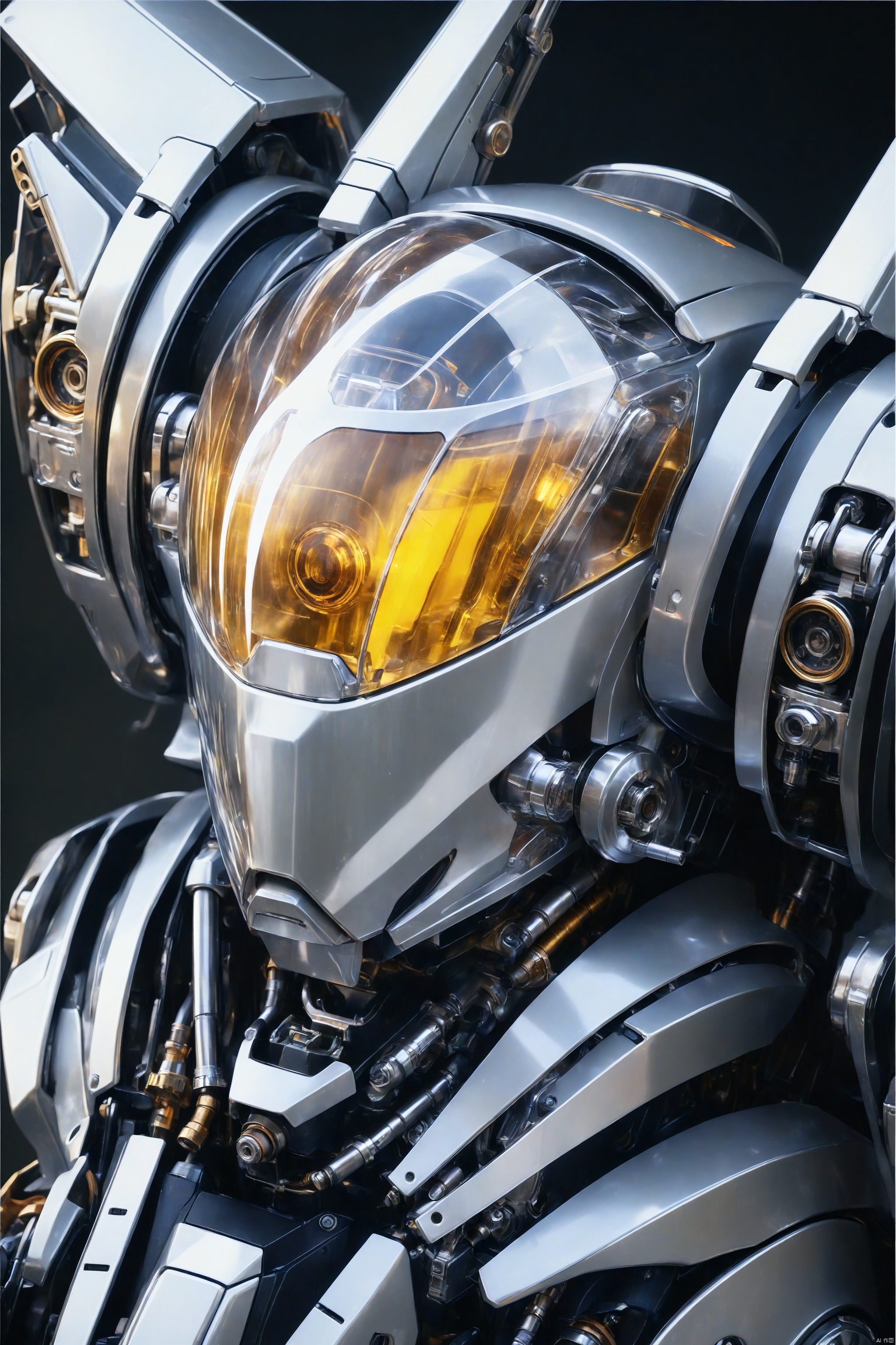 silver mecha, Close-Up, intricate detail, mecha_girl, Seeing face through translucent shield