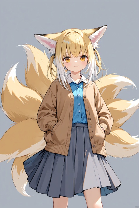  alternate_costume, animal_ear_fluff, animal_ears, arknights, blonde_hair, blue_shirt, brown_cardigan, cardigan, closed_mouth, colored_tips, commentary_request, fox_ears, fox_girl, fox_tail, grey_background, grey_skirt, highres, kitsune, kyuubi, multicolored_hair, multiple_tails, shirt, simple_background, skirt, smile, suzuran_(arknights), tail, white_hair