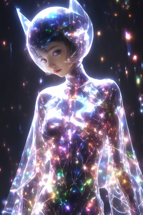  1girl, Ultra_short_hair, pointy ears, glowing_PVC_transparent_bodysuit, ethereal