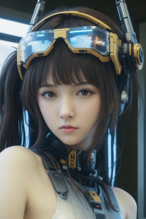  1girl, mecha, Close-Up, intricate detail, mecha_girl, Atomicpunk, neon_shades, solo, long hair, looking at viewer, bangs, brown hair, bare shoulders, closed mouth, upper body, indoors, lips, headgear, goggles, goggles on head, realistic, selfie, realistic