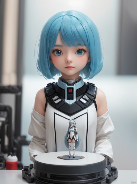  minimalist style, miniature world, tilt shift, excellent lighting, super detail, depth of field, science fiction, colorful, masterpiece, best quality,((high saturation)),((ultra-detailed)), Fujifilm, ((miniature_girl), (mecha girl), (science fiction), 1 girl, mechanization, (very long light blue hair), (mechanical arms), (black and white), (highest resolution), rouge, standing)