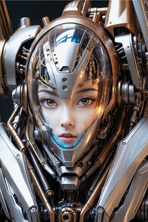 1girl, silver mecha, Close-Up, intricate detail, mecha_girl, Seeing face through translucent shield