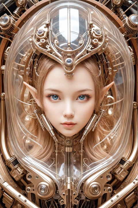  alien_girl, pointy ears, see_through,Close-Up, intricate detail borders, completely translucent, bare, bionic_girl, Pearl and silver tone, Steampunk, (^o^)