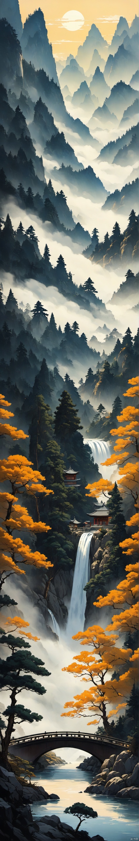 aged vintage paper, mountainous vistas, snowcap, summit overlooking endless,fairytale, Tyndall effect, light shafts, highly detailed, high detail, masterpiece, high detail, excellent lighting, flowing water, cypresses, pine, Pavilion, Temple, long stone steps, Fantasy
