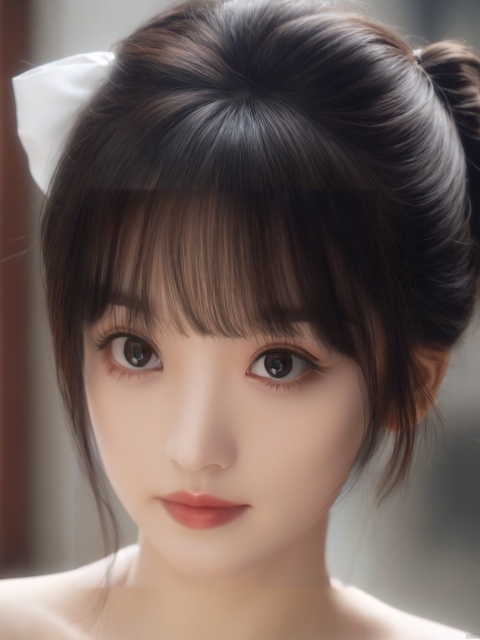 1girl, Ultra_short_hair, hair_bow, wind, looking_at_viewer, Pale_lips, solo, realism, realistic, close-up, revealing, off shoulder,Xtianxiwei