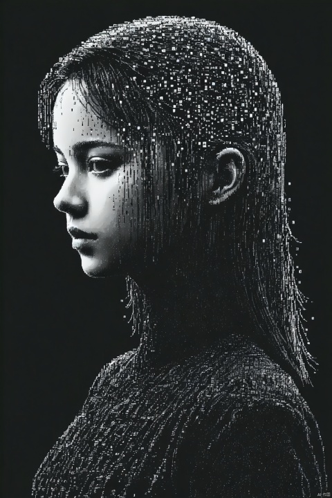  drawing of girl's head made entirely of symbol and number, symbol and number form the girl's head, digital art , 8bit style, no material object, black and white, The Matrix