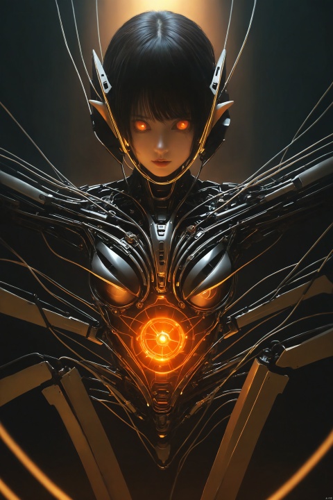 1girl, intricate detail, short_hair, pointy_ears, light_body, medium_breasts, glowing_breasts, glowing_eyes, detailed face, machanical limbs, mechanical cervial attaching, epic scenes, impactful visuals, sense of space, action_lines, realism, realistic