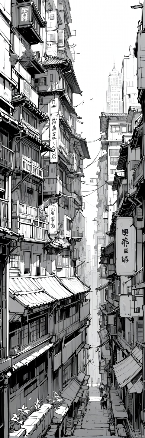  daytime, Kowloon Walled City, outdoors, building, cityscape, Hong Kong neon lights, Having a close and distant view, Dense Apartments, bustling street scene, Original, ananmo, black and white, greyscale, monochrome, sketch, minimalism, pencil drawing, clear lines, A minimalist design,Fantasy, (elaborate style), fantasy art, high detail, masterpiece, high detail, super detail, depth of field, masterpiece, best quality