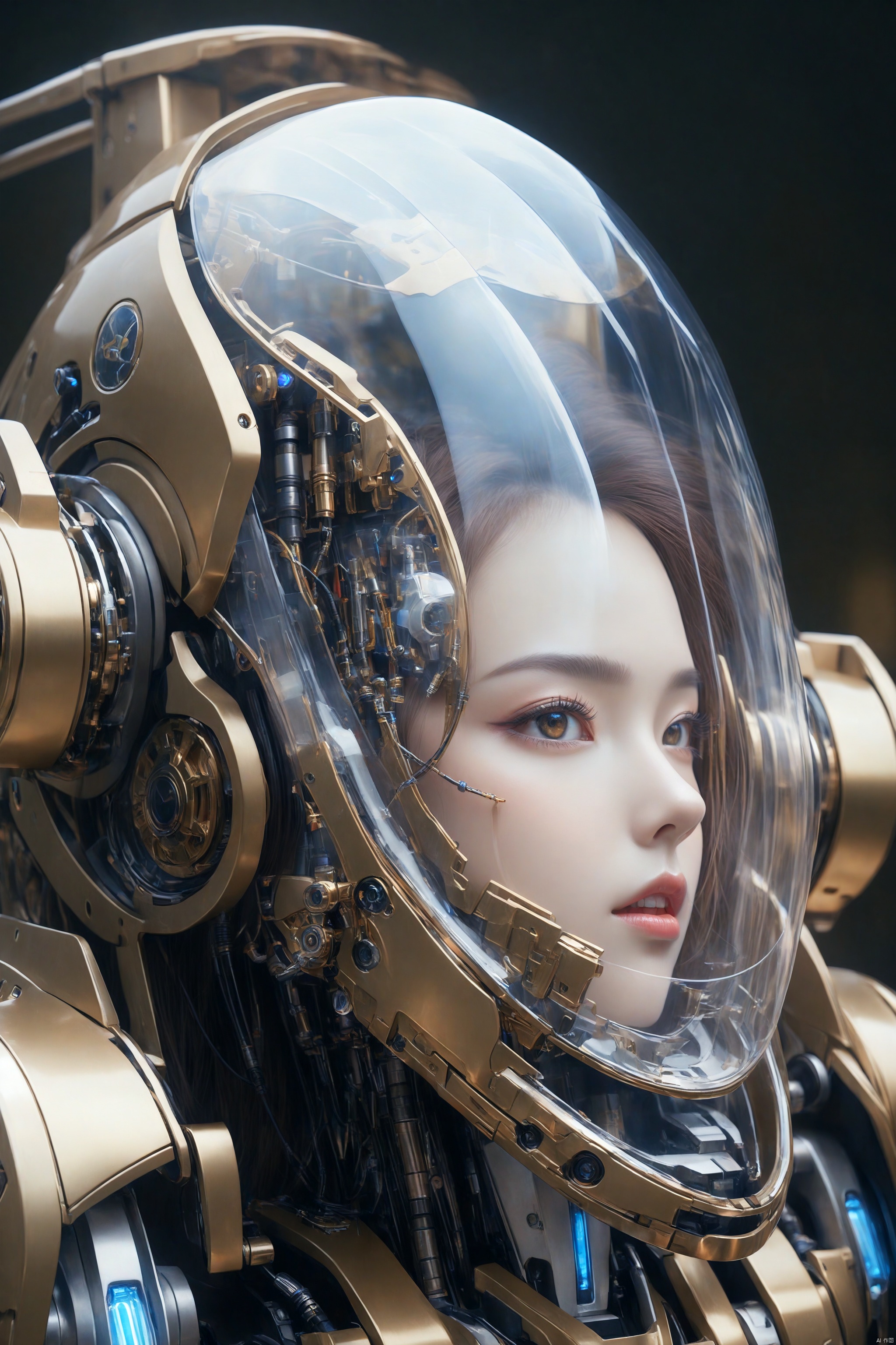 1girl, silver mecha, Close-Up, intricate detail, mecha_girl, Seeing face through translucent shield, cyborg_girl