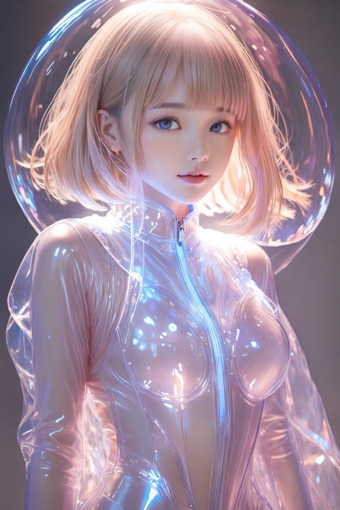  1girl, Ultra_short_hair, ears, glowing_PVC_transparent_bodysuit, {Seeing the Vaginal inside through the transparent bodysuit}, ethereal