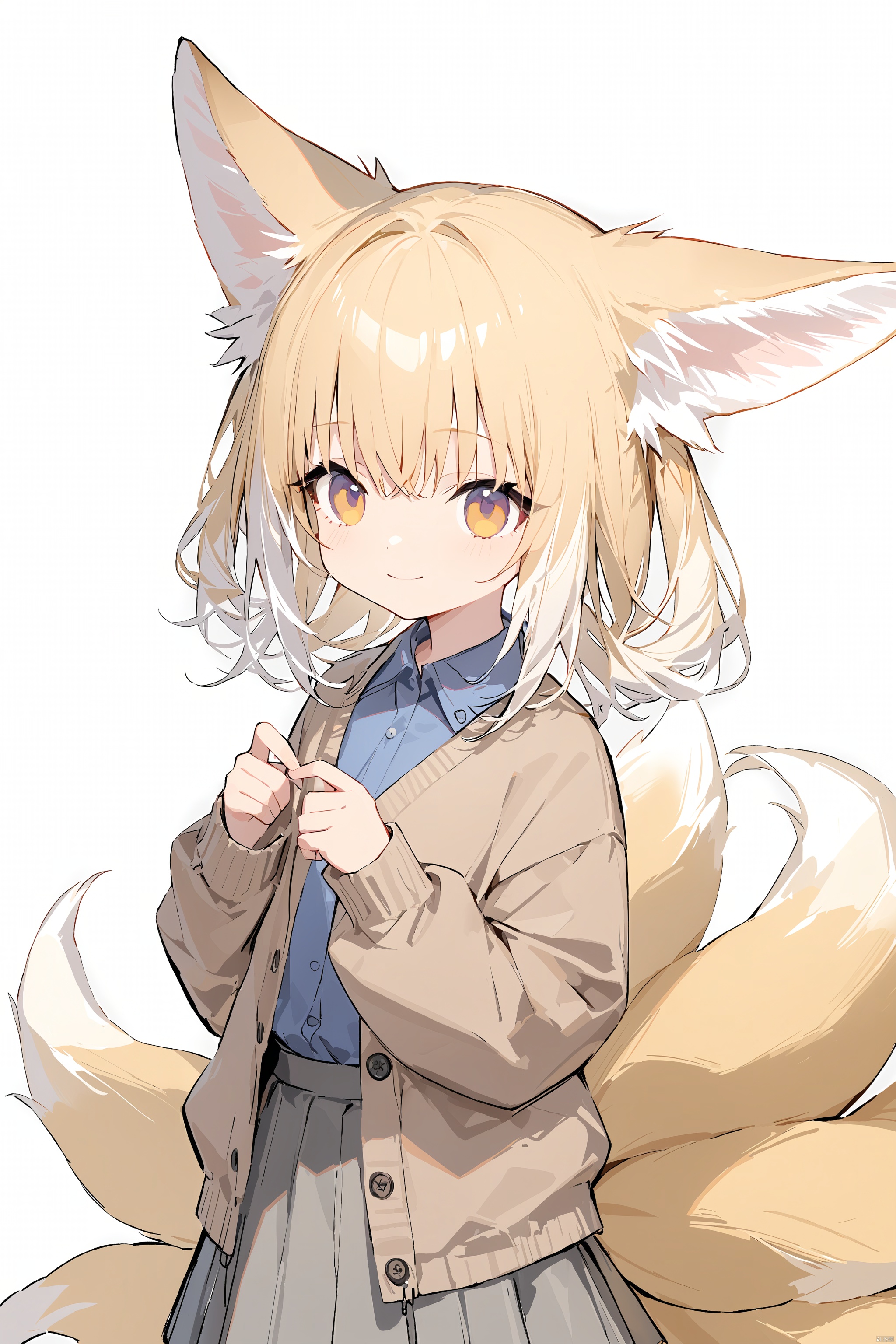  alternate_costume, animal_ear_fluff, animal_ears, arknights, blonde_hair, blue_shirt, brown_cardigan, cardigan, closed_mouth, colored_tips, commentary_request, fox_ears, fox_girl, fox_tail, grey_background, grey_skirt, highres, kitsune, kyuubi, multicolored_hair, multiple_tails, shirt, simple_background, skirt, smile, suzuran_(arknights), tail, white_hair