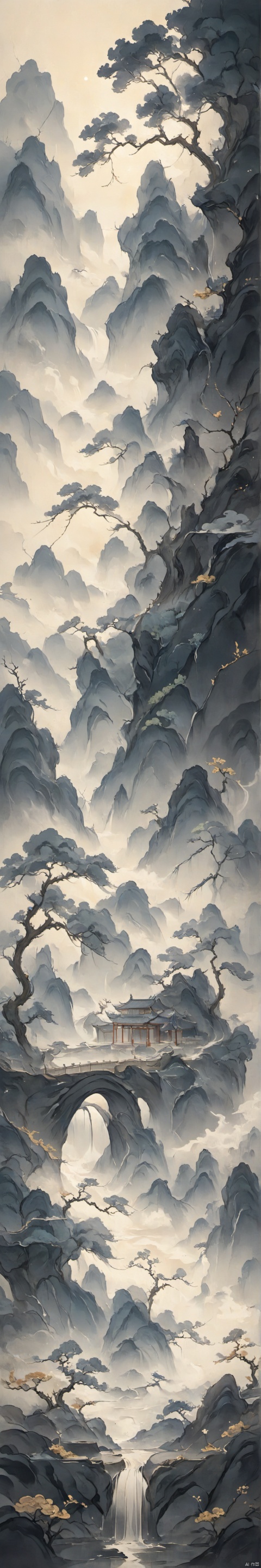 mountainous vistas, snowcap, summit overlooking endless, sea of clouds floating around mountain ridges, High mountains and flowing water, cypresses, pine, Pavilion, Temple, long stone steps, Fantasy, (ink style), (Chinese elaborate-style painting), minimalism, wash painting,ananmo,山水如画, Illustration