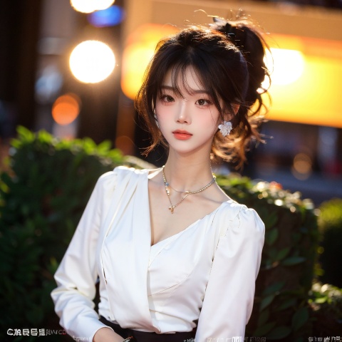  18 years old girl, sunshine,night,1girl,Add details, shine eyes01,ponytail,color contact lenses,blouse under clothes,thin,face photo,looking_at_viewer, depth of field, cxy, film