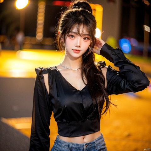  18 years old girl, sunshine,night,1girl,Add details, shine eyes01,ponytail,color contact lenses,blouse under clothes,thin,face photo,looking_at_viewer, depth of field, cxy