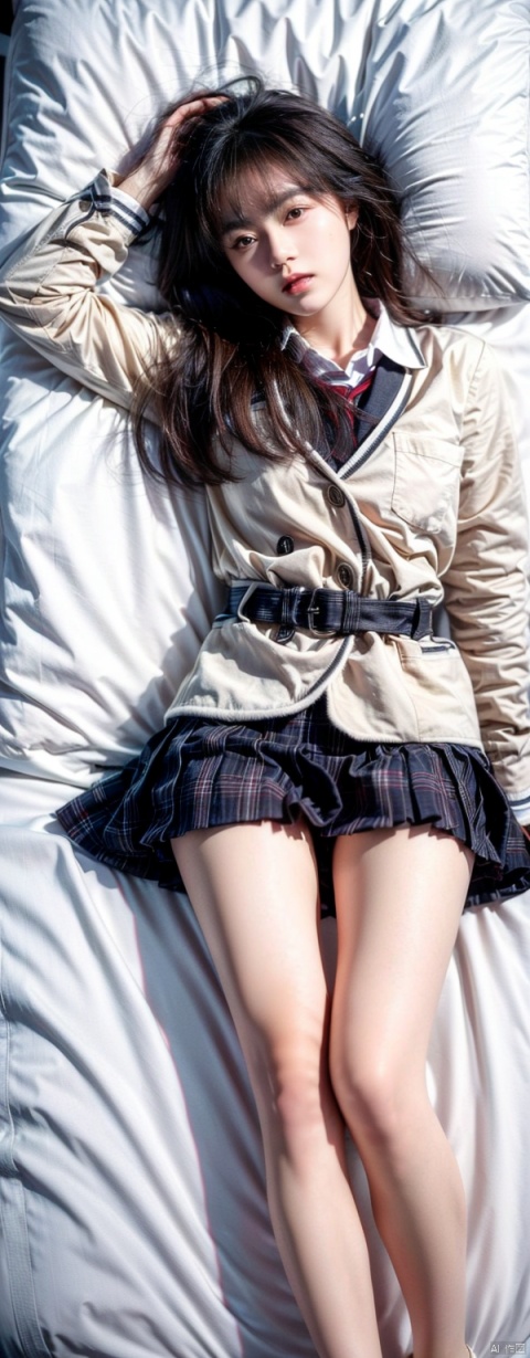  18 years old girl,The golden ratio body,asian, school_uniform, Bare feet,medium breasts,long_hair, ((poakl)),detailed hands ,detailed face,five fingers,detailed hand,detailed legs,Logical legs,medium breasts,beautiful detail eyes,thin,detailed face,cute face,realistic, album, photo, real,looking_at_viewer, Low saturation,moyou,coat,bed,masterpiece, best quality,platinum blonde hair, Shot from a bird's-eye view , feet,stretch,lying_down,Legs of equal length,full body photo,Thin legs,Lie down completely,thin, jinmai,Proud,confident,blouse
