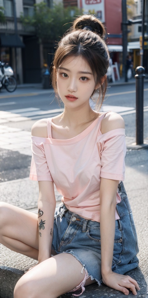  18 years old girl，The golden ratio body，sitting ,asian，White off-the-shoulder T-shirt, light denim shorts, pink sneakers ,medium breasts，tattoo，city，perspective，high ponytail,