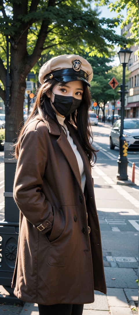  1girl, solo, long hair, looking at viewer, black hair, long sleeves, holding, standing, outdoors, day, bag, blurry, tree, coat, brown coat, photo background,bust,peaked cap,mask